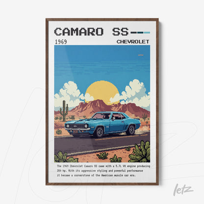 retro style framed artwork of 1969 Chevrolet Camaro SS with dark wooden frame