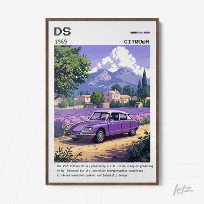 framed digital art of 1969 Citroën DS car with dark wood frame, purple background featuring mountains and houses
