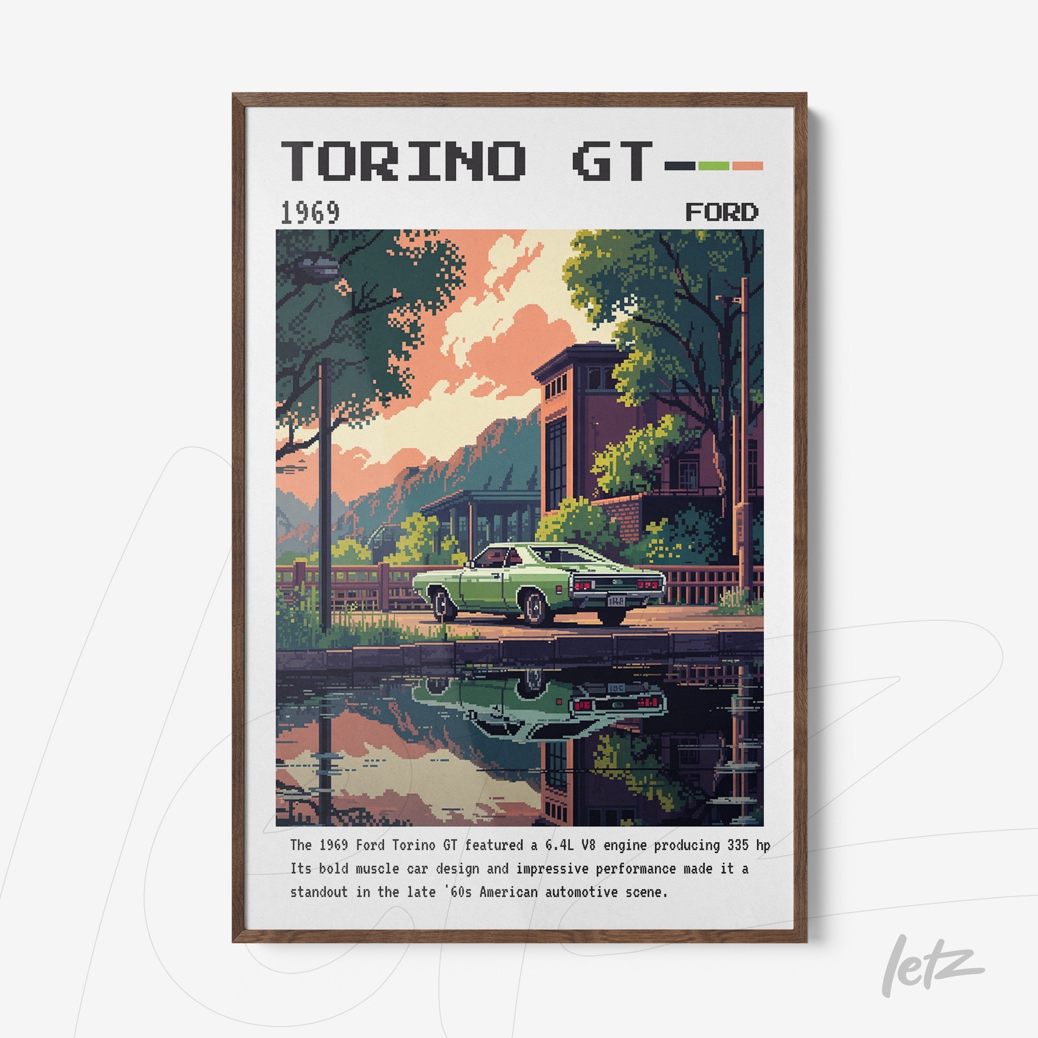 framed digital artwork of a 1969 Ford Torino GT with dark wood frame