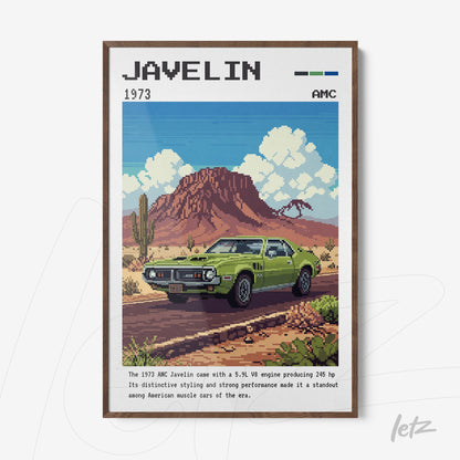 pixel art framed print featuring a 1973 AMC Javelin in a desert landscape with mountains and a blue sky
