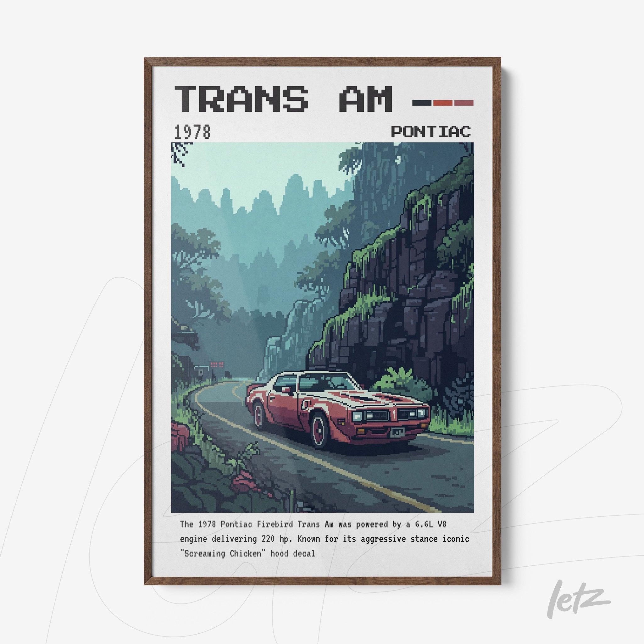 framed digital art of a Pontiac Trans Am driving on a mountainous road in pixel art style with light wood frame