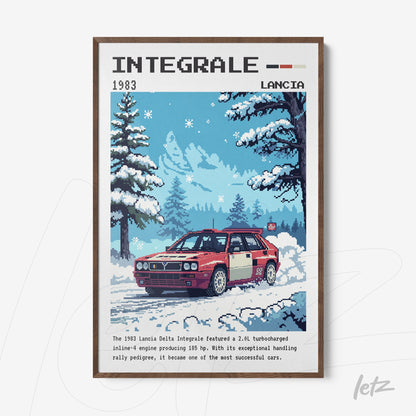 pixel art wall art featuring a lancia delta integrale car in a snowy landscape with a dark wood frame