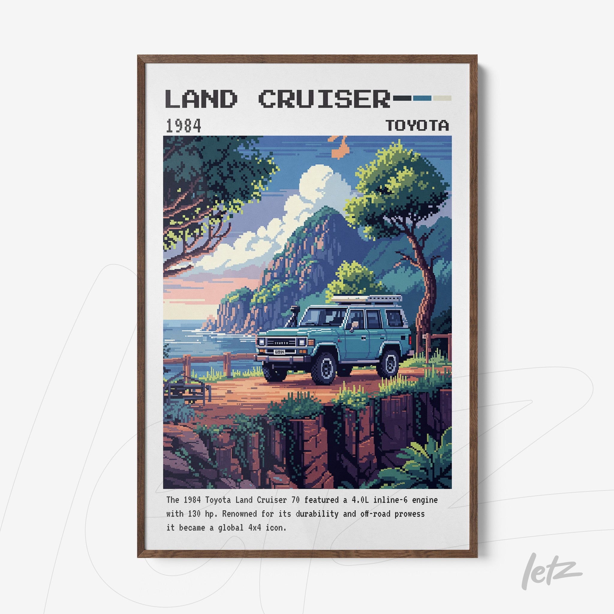 retro style pixelated art of the 1984 Toyota Land Cruiser framed in dark wood