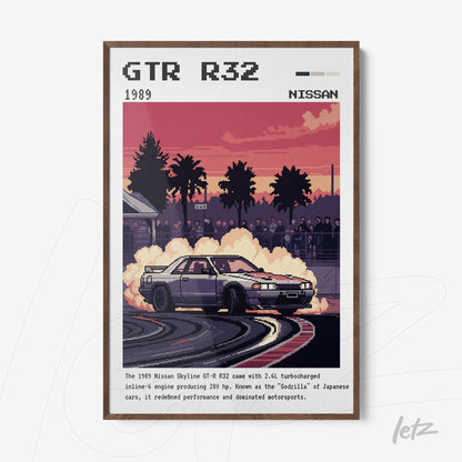 framed retro style artwork of a Nissan Skyline GT-R R32 car with dark wooden frame, featuring a reddish background and smoke surrounding