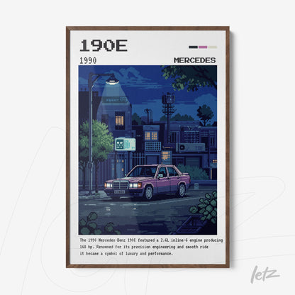 pixel art framed illustration of Mercedes-Benz 190E in an urban night setting with wooden frame