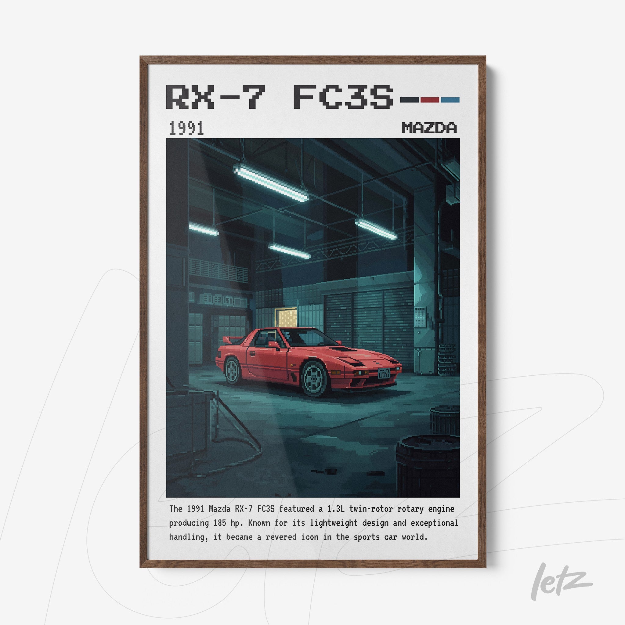 retro digital art print of the 1991 Mazda RX-7 FC3S in wooden frame