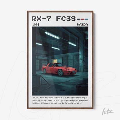 retro digital art print of the 1991 Mazda RX-7 FC3S in wooden frame