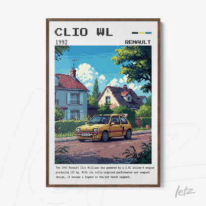 pixel art framed illustration of a yellow Renault Clio Williams parked in front of a house on a street