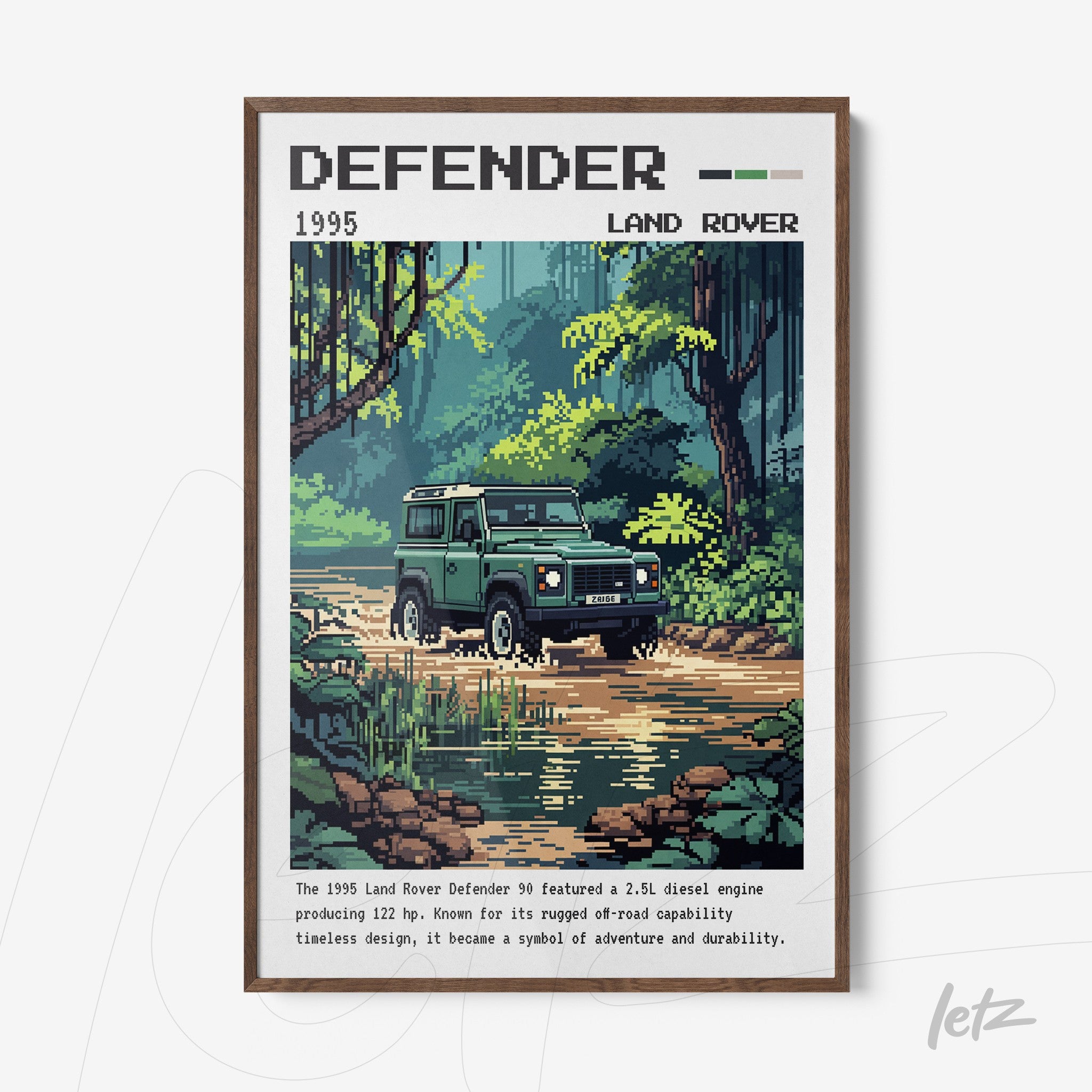 retro pixel art of a 1995 Land Rover Defender framed in dark wood