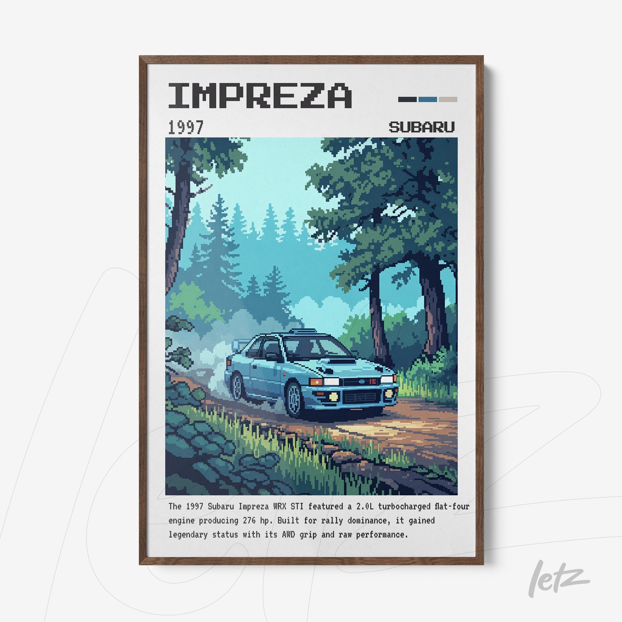 8-bit style framed art of 1997 Subaru Impreza in dark wood frame