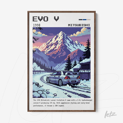 digital art print featuring the 1998 Mitsubishi Lancer Evolution V in pixel art style with a snowy mountain background