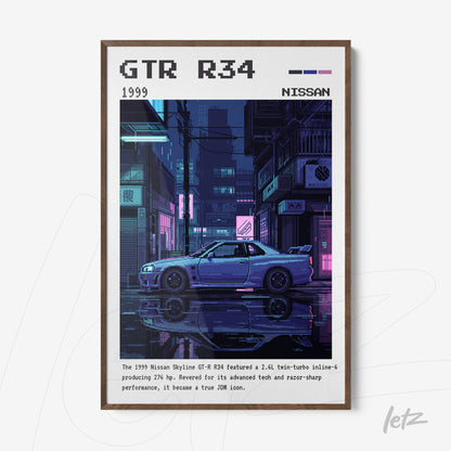 digital artwork of Nissan GT-R R34 in a nighttime urban scene with wooden frame