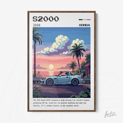 framed pixel art of the Honda S2000 in a sunset scene with dark wooden frame