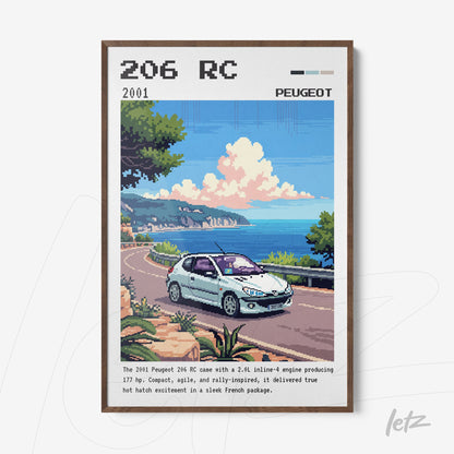 pixel art wall art featuring Peugeot 206 RC on a coastal road with light wood frame