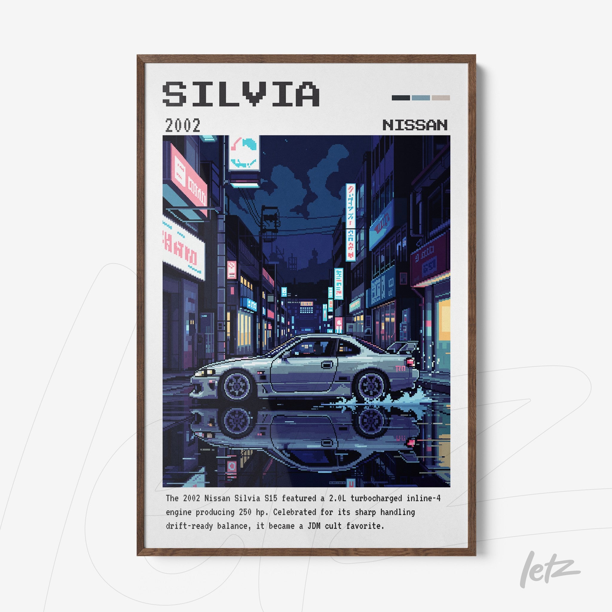 framed digital art of Nissan Silvia car in a nighttime urban setting with dark wooden frame