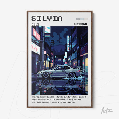 framed digital art of Nissan Silvia car in a nighttime urban setting with dark wooden frame