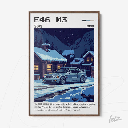 pixel art framed illustration of BMW E46 M3 in a snowy scene with brown frame