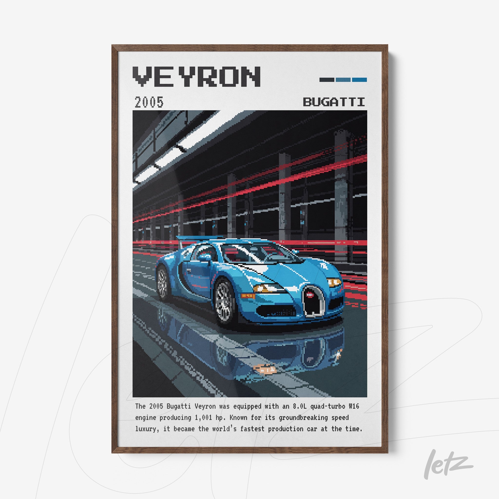 pixel art print of a Bugatti Veyron racing with a blurred track background