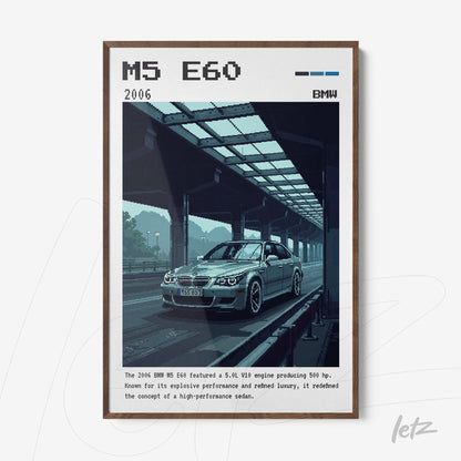 digital artwork of the BMW M5 E60 car in a dark wood frame