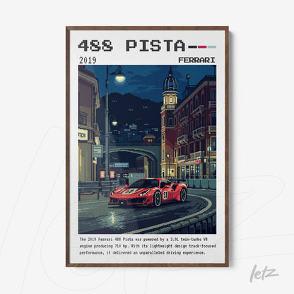pixel art of a ferrari 488 pista car in a nighttime urban setting with buildings and street lights in the background