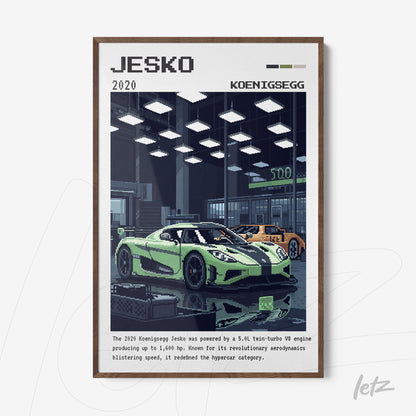 framed digital artwork of a Koenigsegg Jesko car in a garage setting with a sleek brown frame