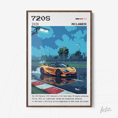 framed pixel art of the McLaren 720S on a wet track with wooden frame