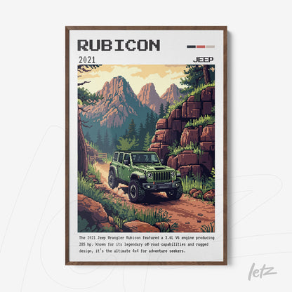 retro style wall art featuring a jeep rubicon driving through a mountainous landscape, highlighting the green vehicle and pixelated design elements