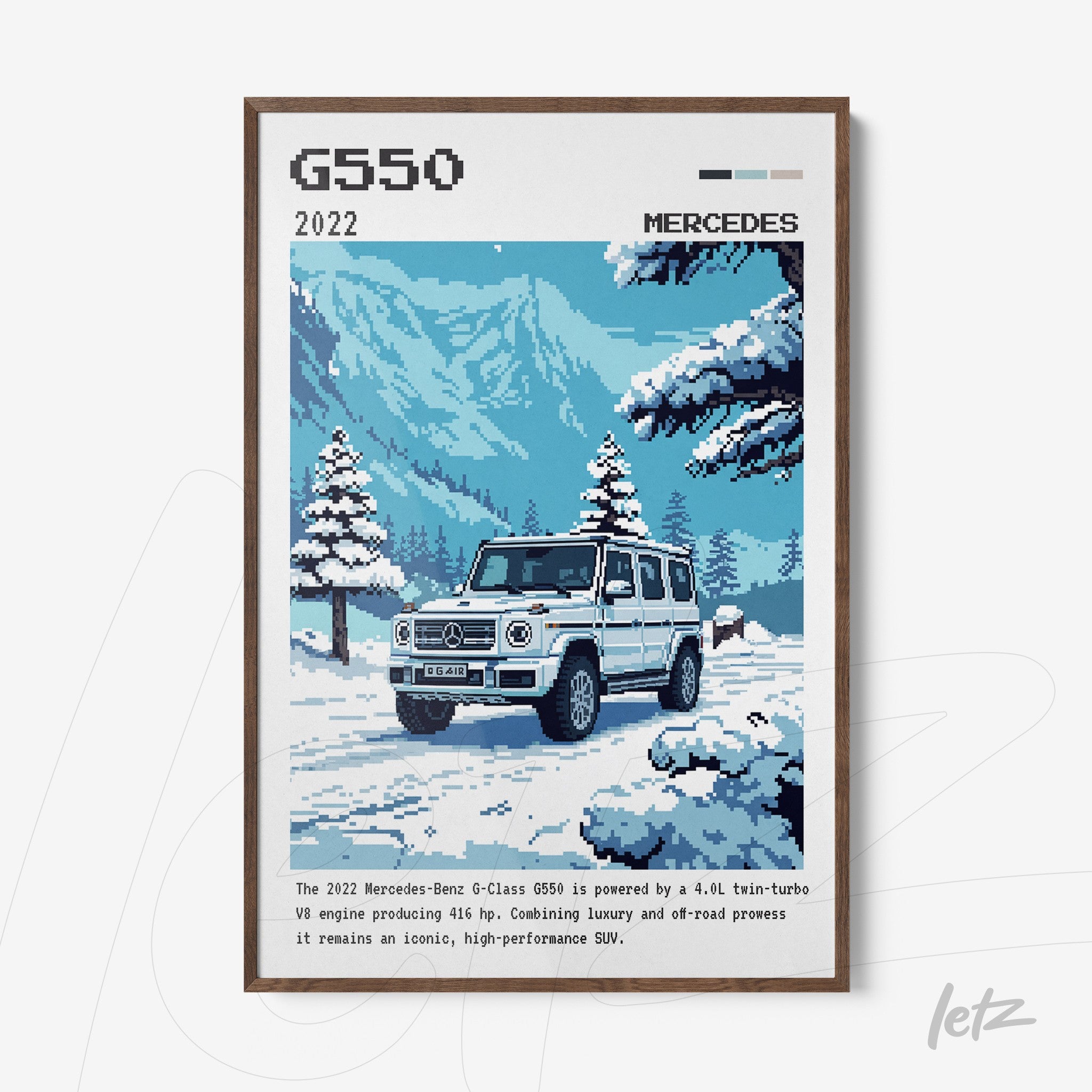 pixel art framed print of a Mercedes-Benz G550 in a snowy mountain landscape with dark wood frame