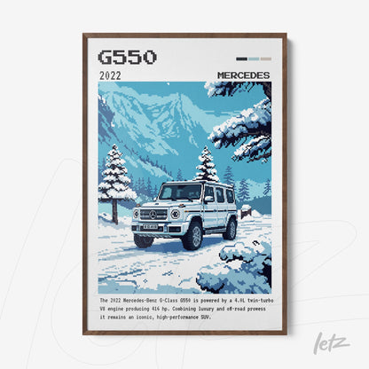 pixel art framed print of a Mercedes-Benz G550 in a snowy mountain landscape with dark wood frame