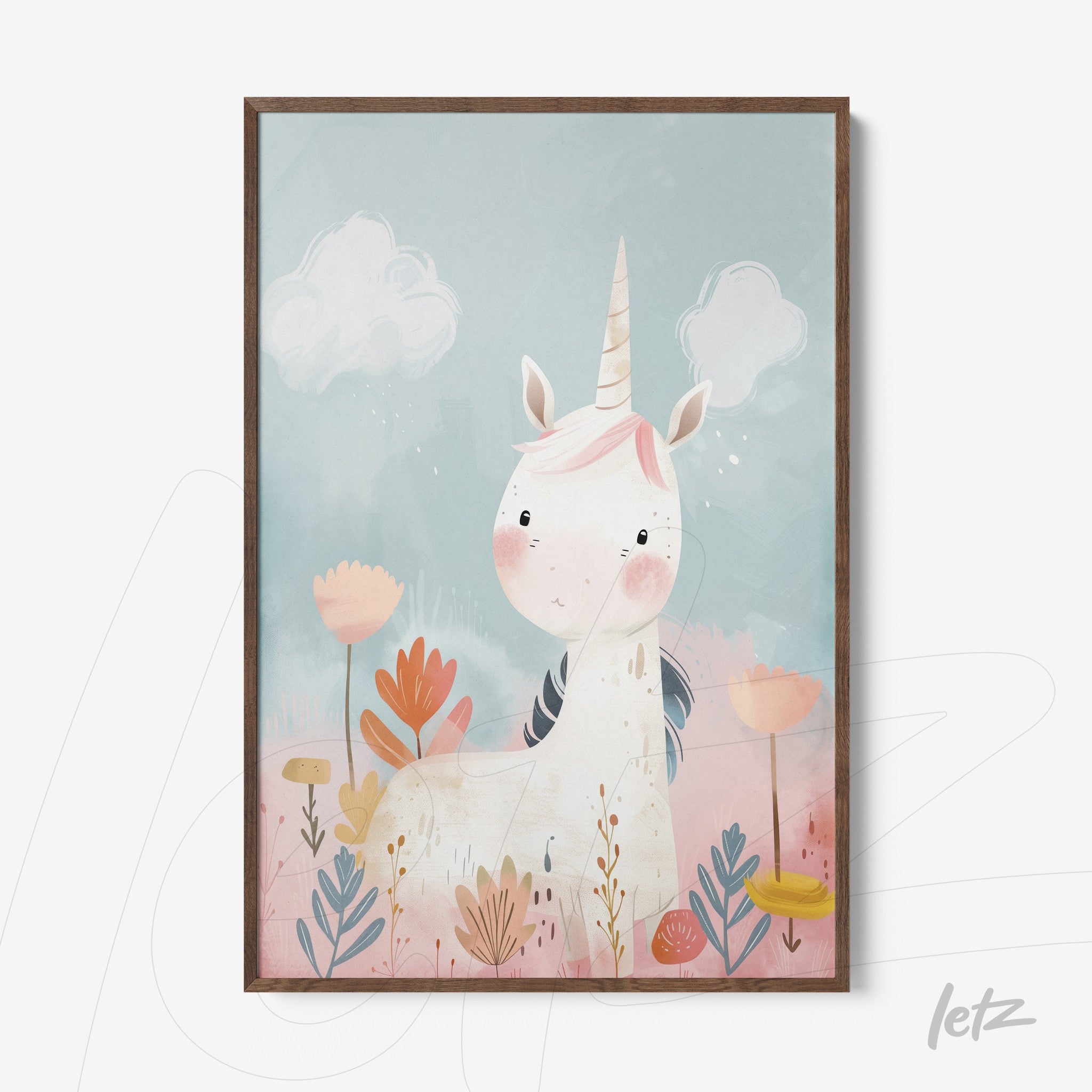 framed artwork featuring a whimsical unicorn in a nature setting with colorful flowers and a light blue background