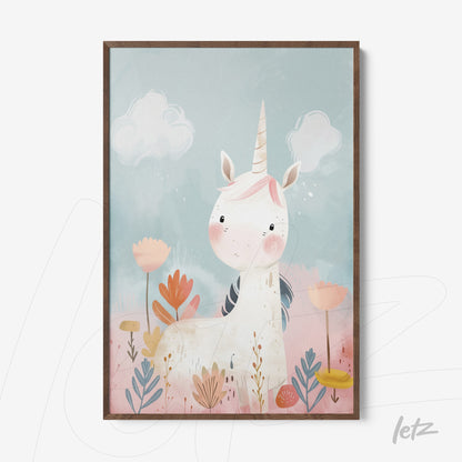 framed artwork featuring a whimsical unicorn in a nature setting with colorful flowers and a light blue background