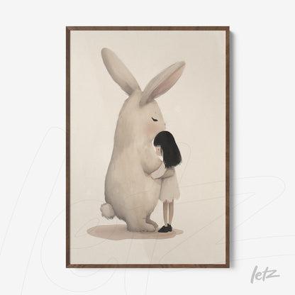 framed wall art featuring a girl hugging a giant bunny with light wood frame