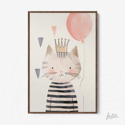 framed art featuring a smiling cat wearing a crown and holding a balloon, light wood frame