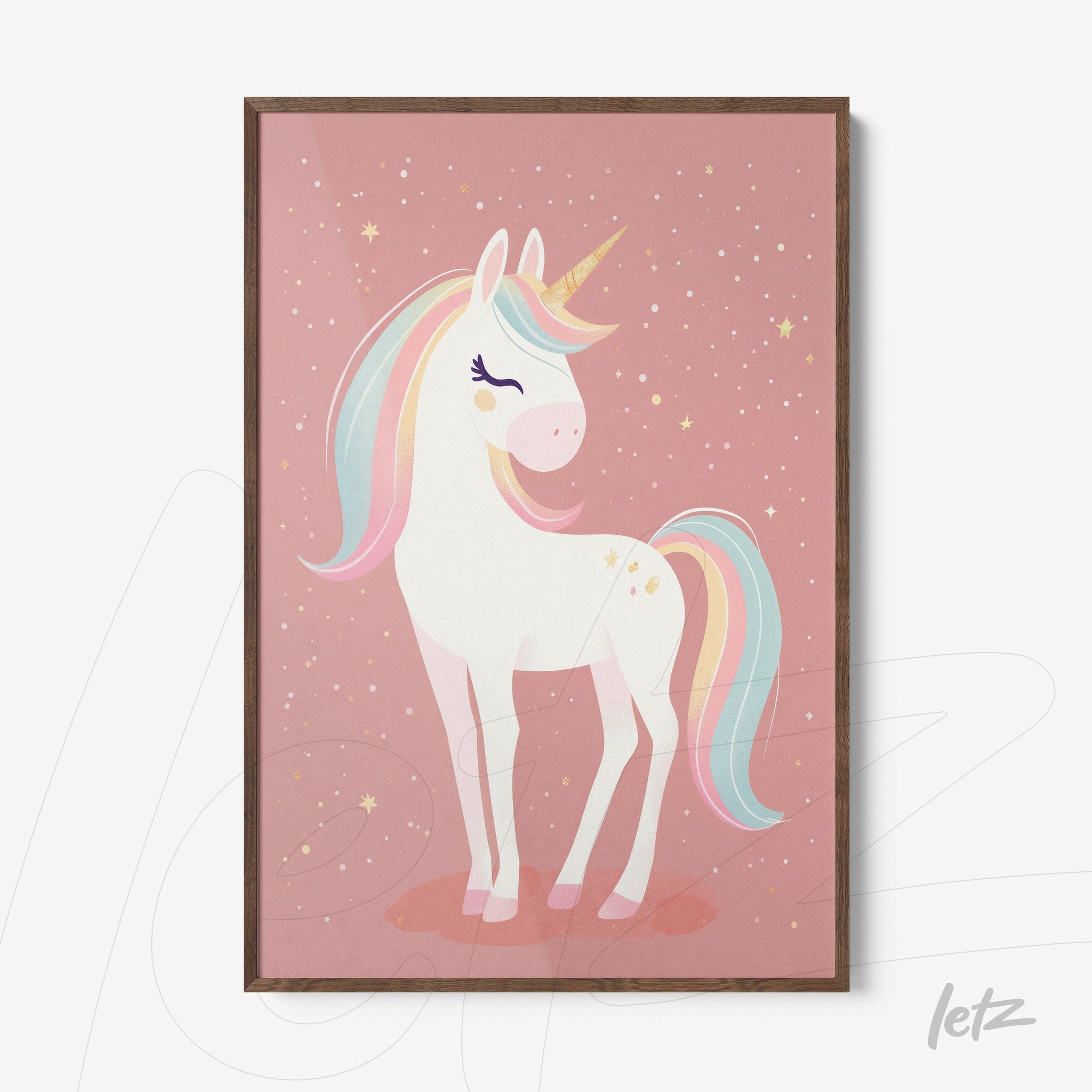 framed children's art of a white unicorn with colorful mane and a pink starry background in a light wood frame
