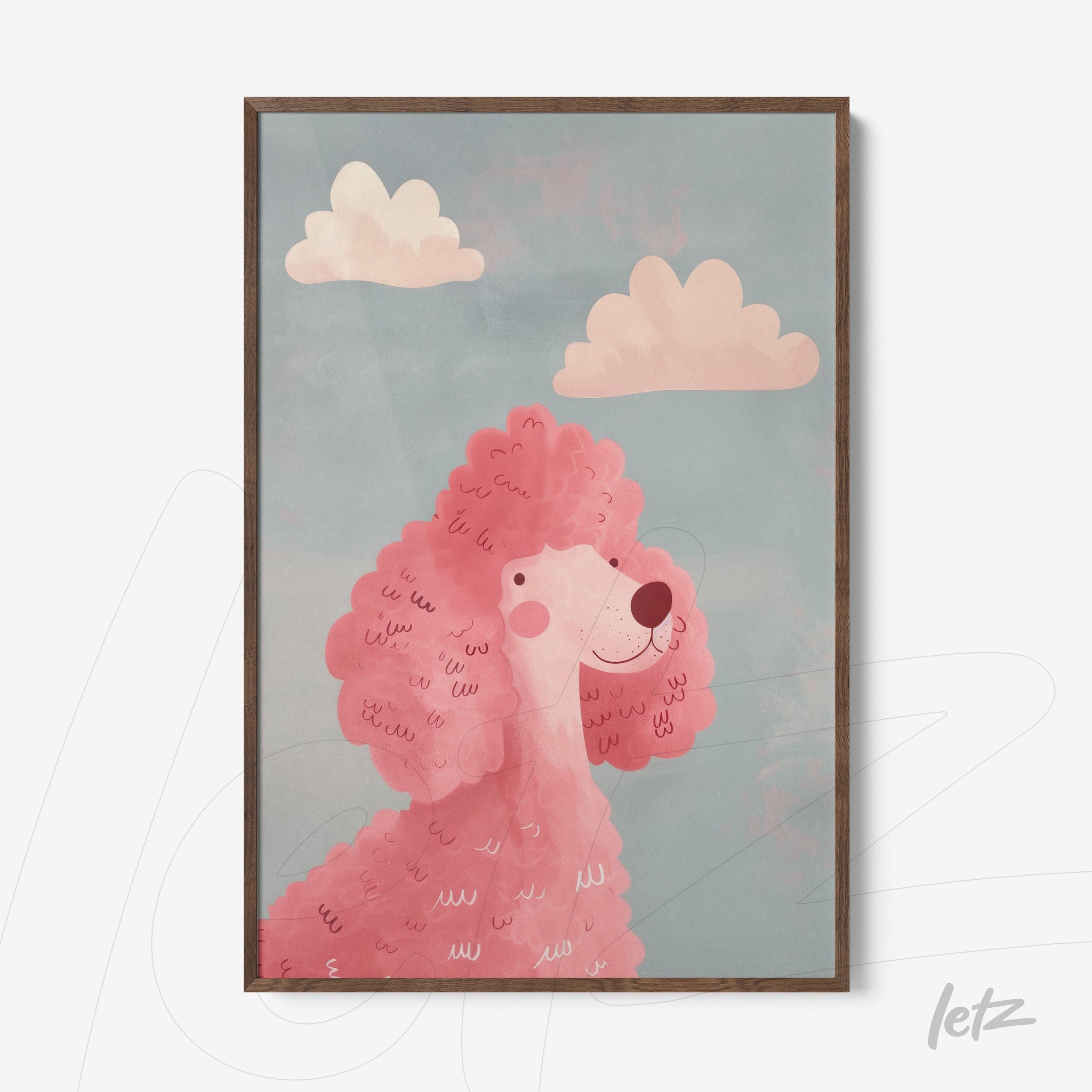 framed wall art featuring a pink poodle illustration against a blue sky with clouds in a playful style