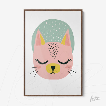 framed wall art featuring a cat illustration in shades of pink and green with a dark wood frame