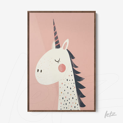 framed wall art featuring a unicorn illustration on pink background with dark wood frame