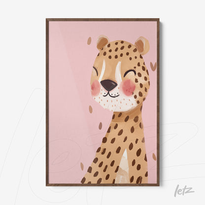 framed kids art featuring a smiling leopard on a pink background with light wood frame