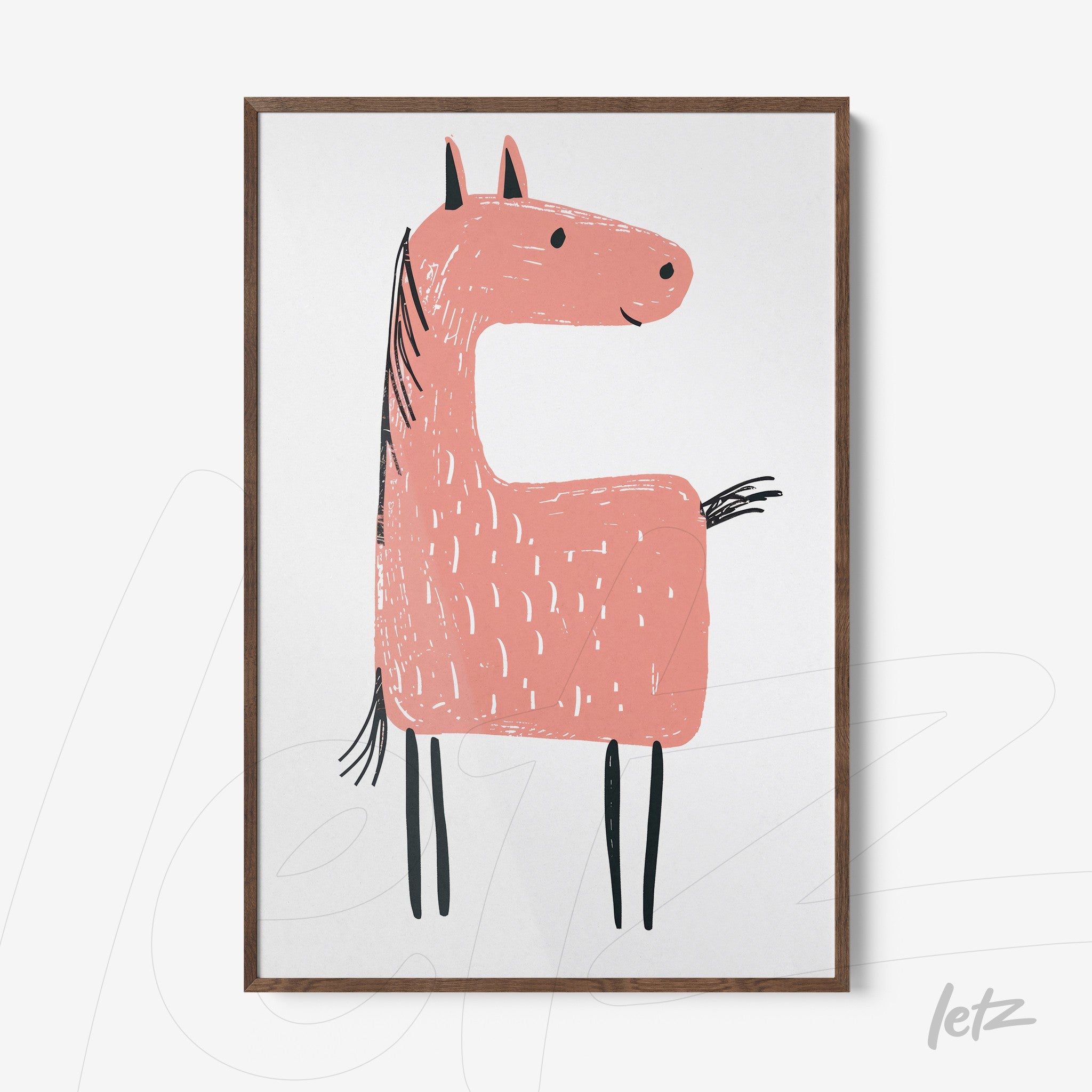 framed artwork featuring a stylized pink horse illustration in a dark wood frame