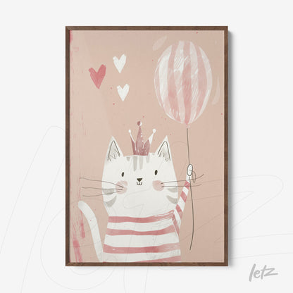 framed artwork featuring a cat wearing a crown, holding a striped balloon against a soft pink background