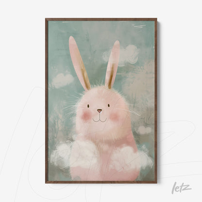 framed wall art of a cute bunny illustration with a light blue background and dark wood frame