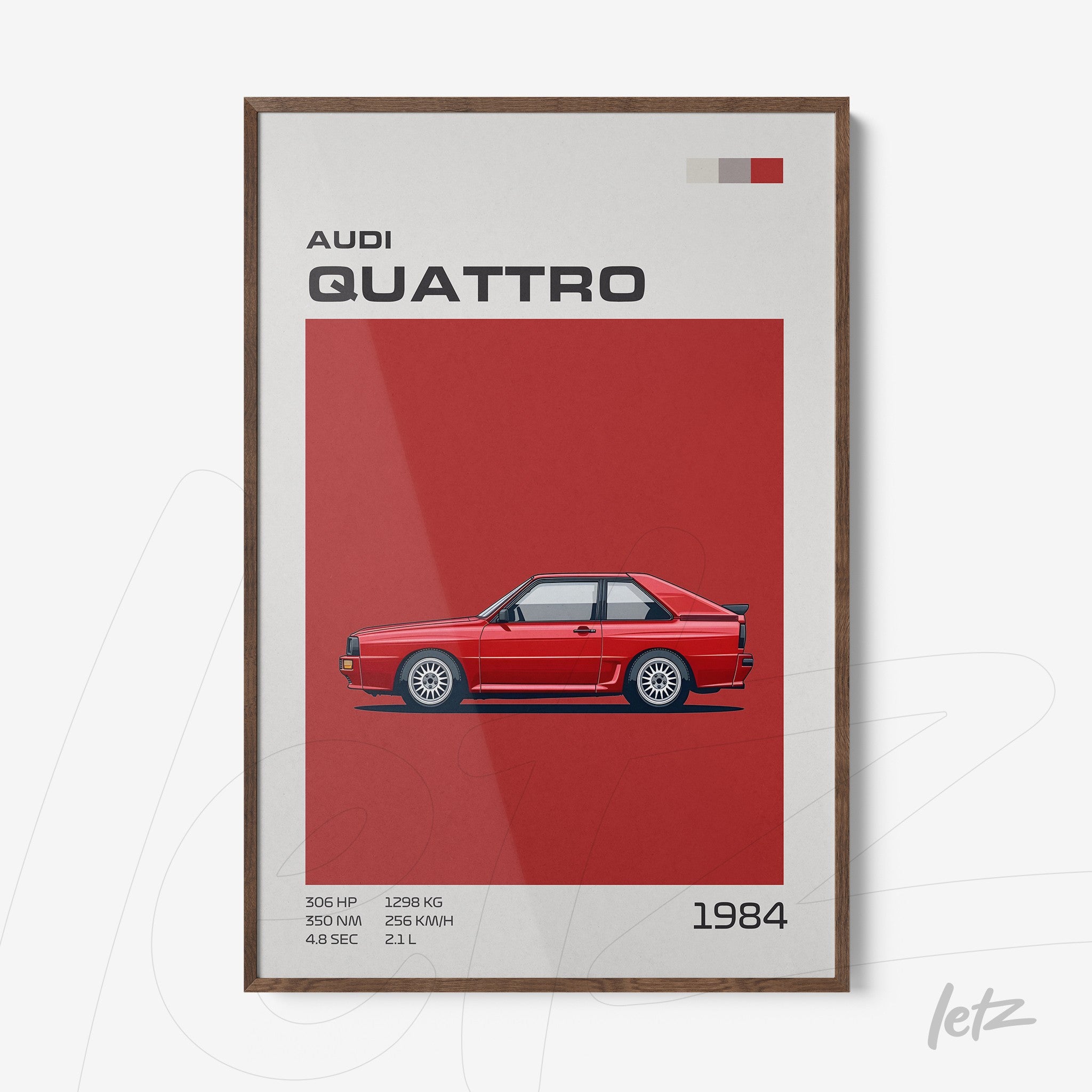 framed minimalist art featuring a 1984 Audi Quattro with a dark wood frame