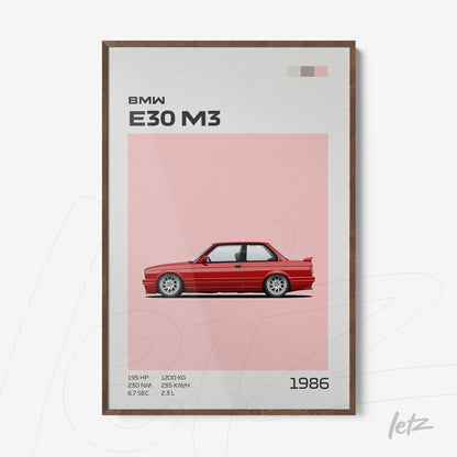 framed graphic art of red BMW E30 M3 car with pink background and dark wood frame