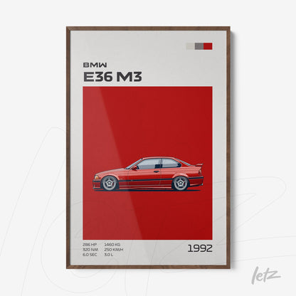 framed wall art featuring an illustration of BMW E36 M3 on a vibrant red background