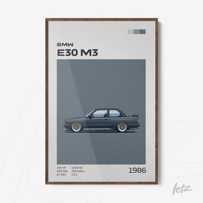 framed minimalist art of BMW E30 M3 car with dark wood frame