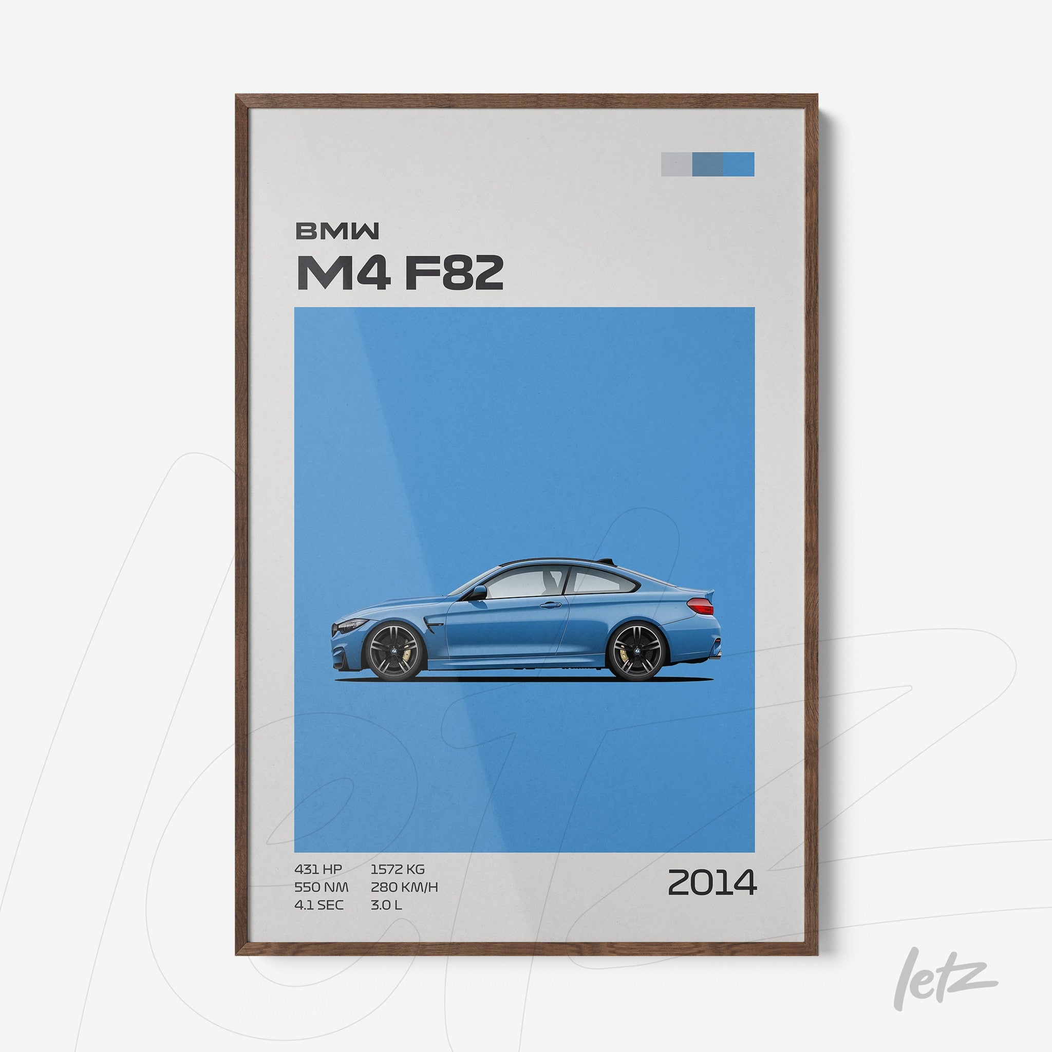 framed wall art featuring minimalist design of BMW M4 F82 against vibrant blue background with dark wood frame