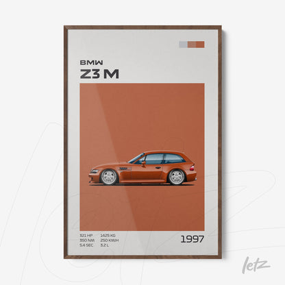 framed artwork featuring a minimalist illustration of an orange BMW Z3M with dark wooden frame
