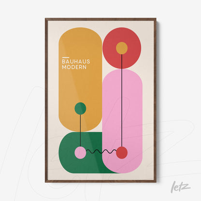 poster print featuring abstract Bauhaus style illustration with colorful geometric shapes and wooden frame
