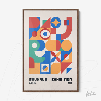 poster with colorful geometric shapes and text bauhaus exhibition in wooden frame