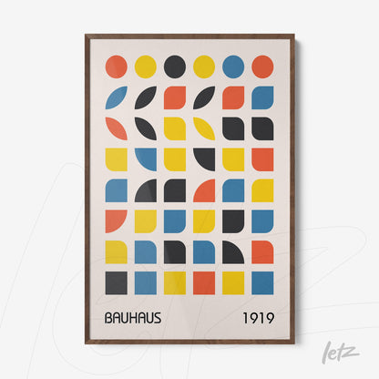poster featuring Bauhaus style geometric art with colorful abstract shapes in a dark wooden frame